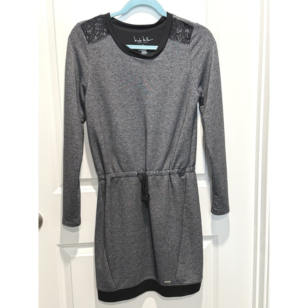 Nicole Miller New York Gray Lace Shoulder Drawstring Mini Dress Womens Small